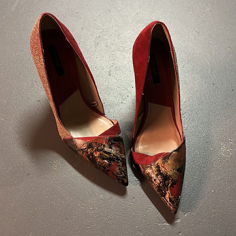 Size 41 (9) Custom Upcycled Red + Gold Glitter Zara Stilettos - Picture 3 of 4